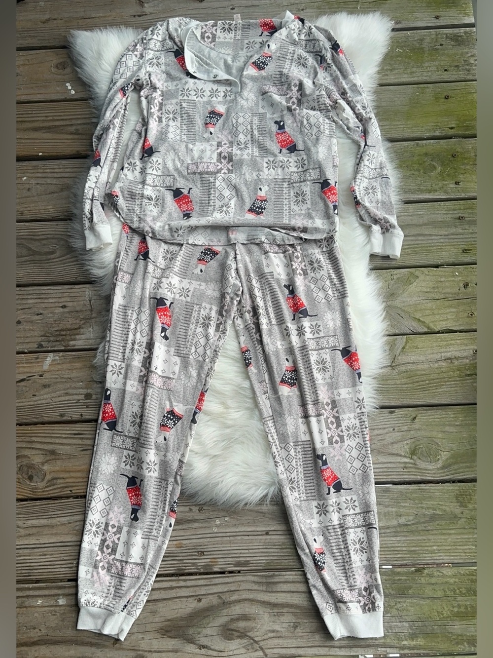 Secret Treasures Women's Penguin Pattern Pajama Set - Gray, Red & Black